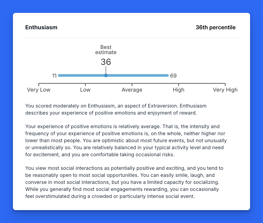 An example of a trait result in the personality trait analysis in TraitLab Plus.