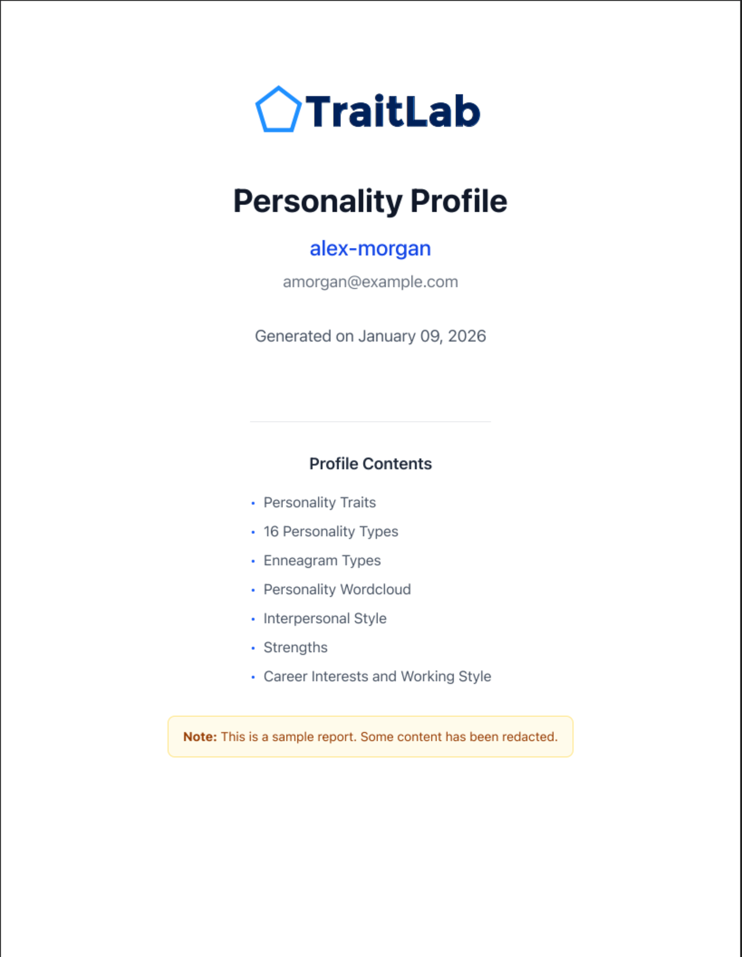 Cover page of a sample TraitLab Plus report