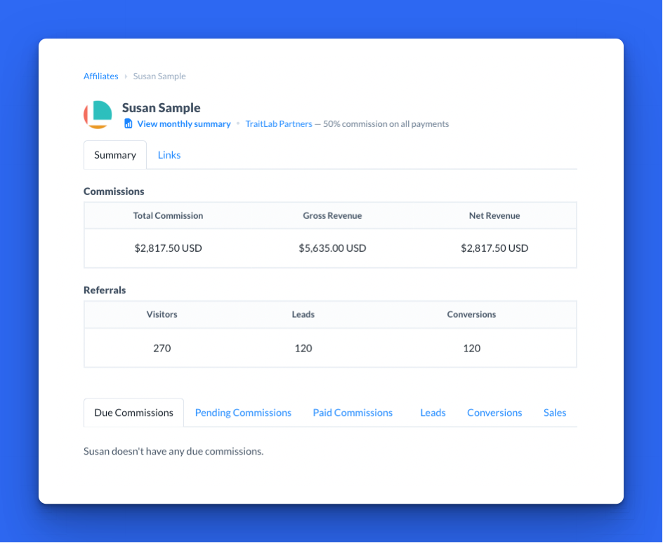 A screenshot of the TraitLab affiliate dashboard.