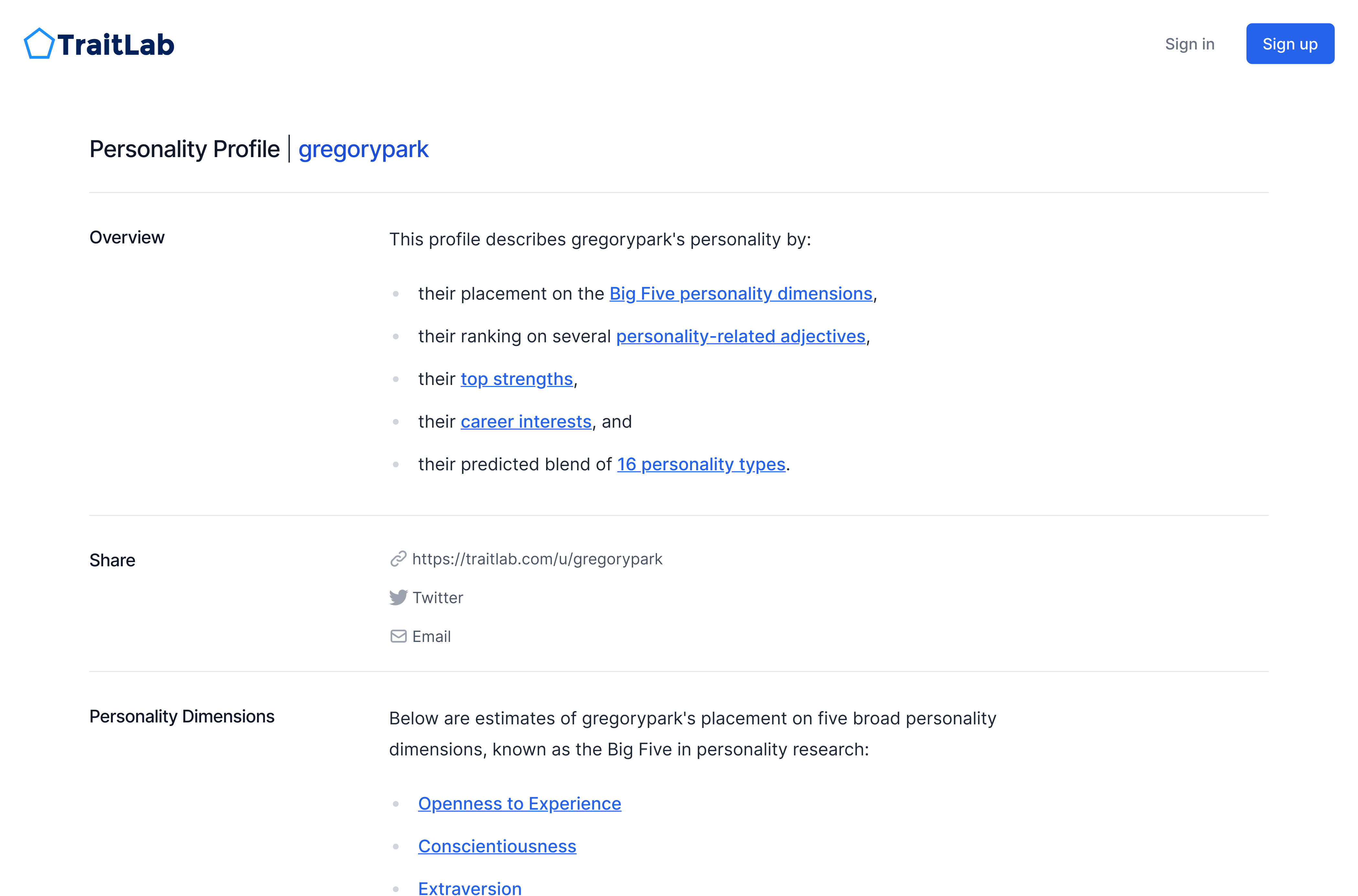 An example of a shareable TraitLab public profile