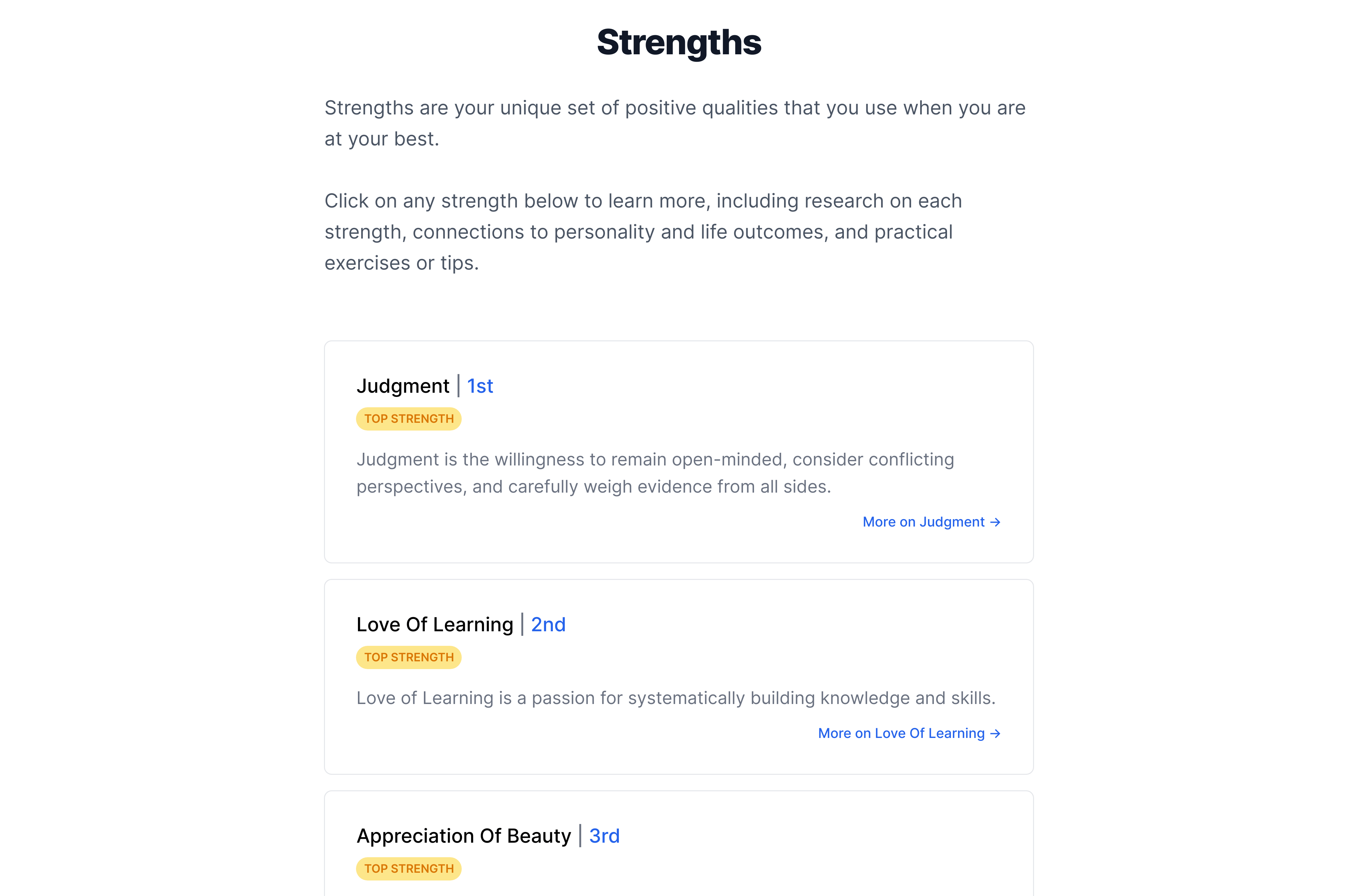 A screenshot of a Strengths Profile from TraitLab Plus