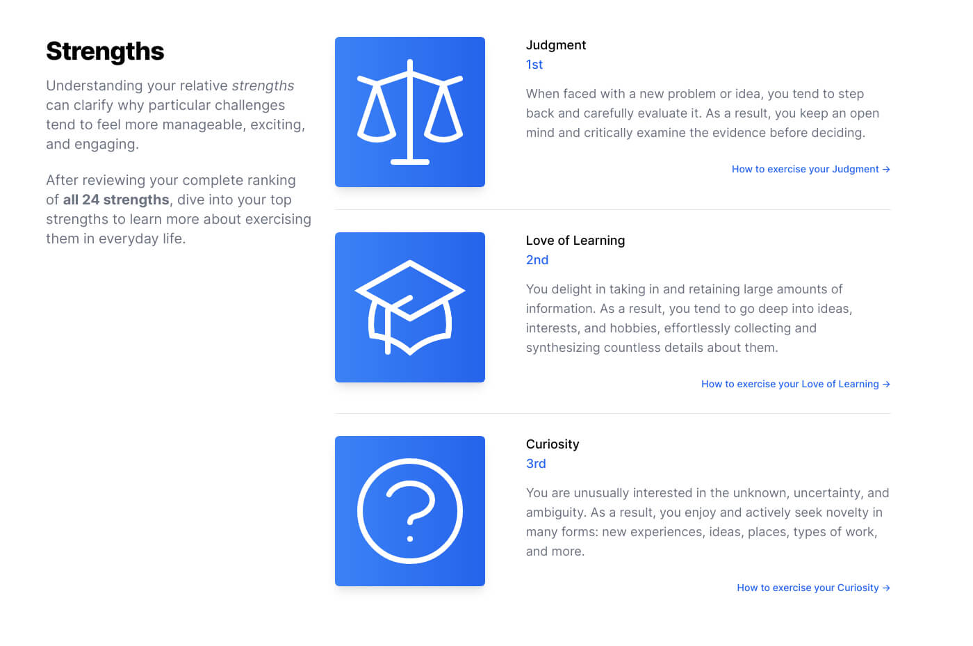 A screenshot of the Strengths Profile within TraitLab Plus.