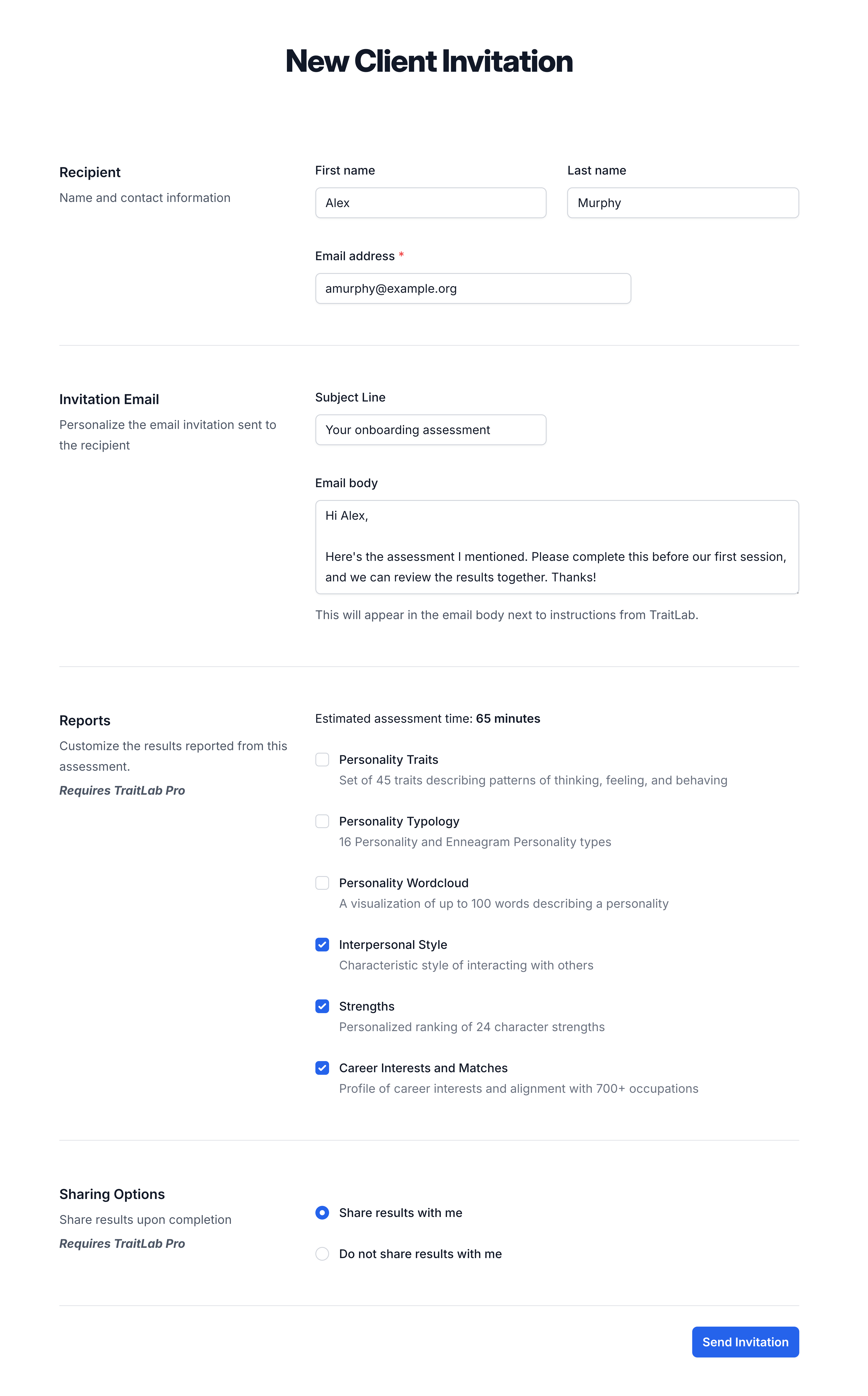 A screenshot of a new client invitation in TraitLab Pro