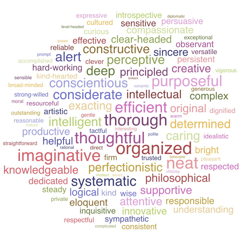 A wordcloud visualization showing up to 100 words describing a personality.