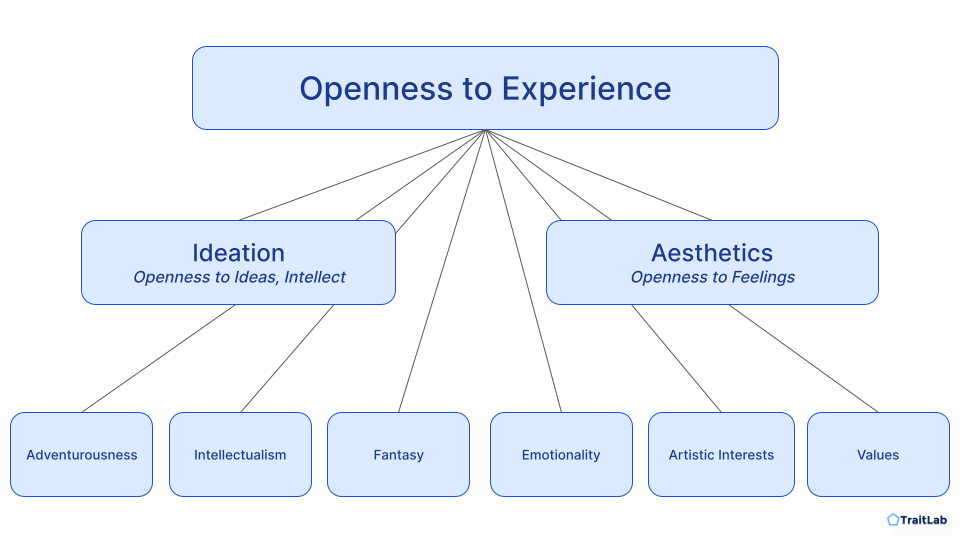 The Big Five personality domain of Openness to Experience encompasses two aspects, Ideation and Aesthetics, and six facets.