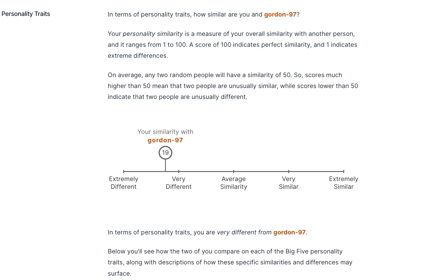 An image of a personality similarity analysis from TraitLab's Comparisons
