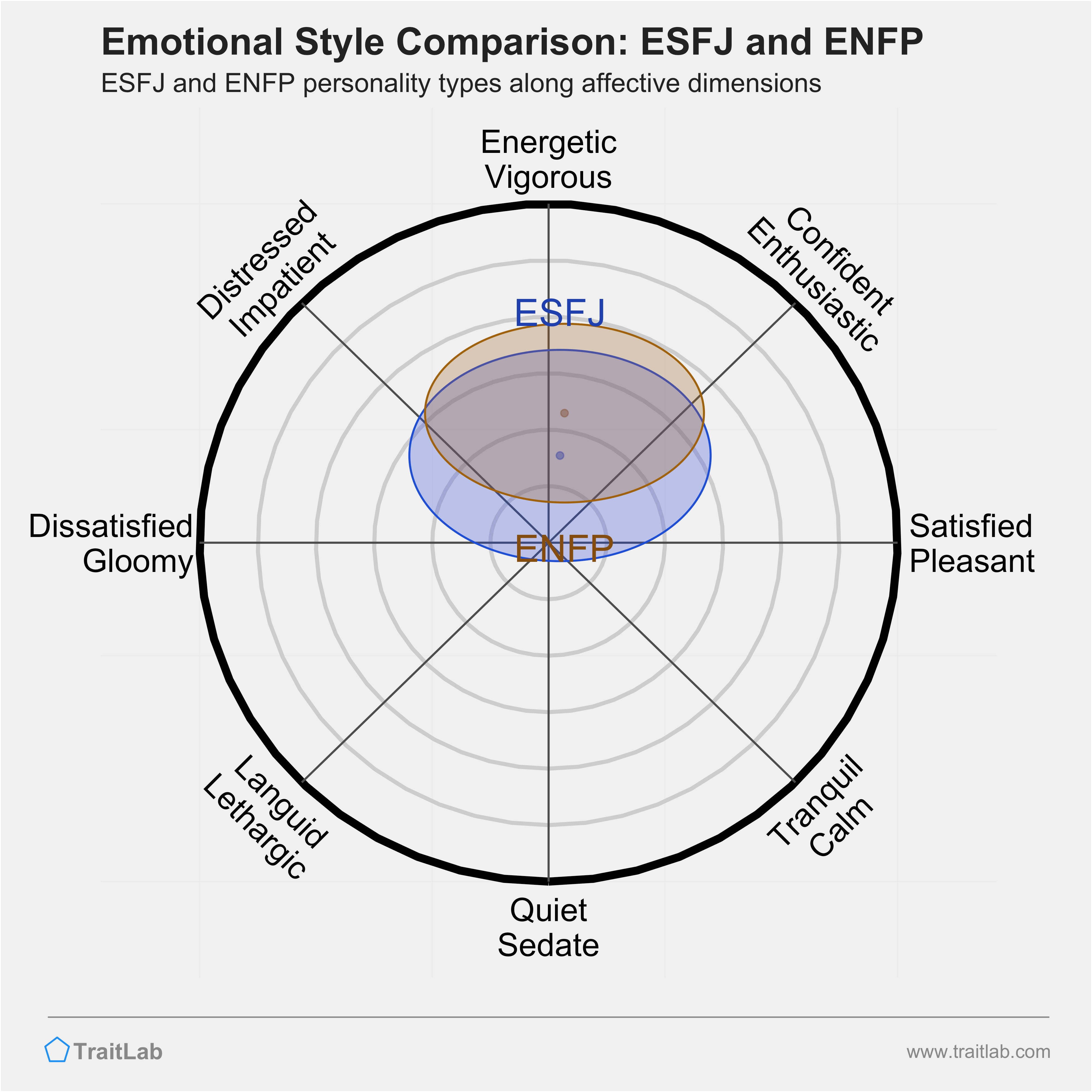 ESFJ and ENFP comparison across emotional (affective) dimensions