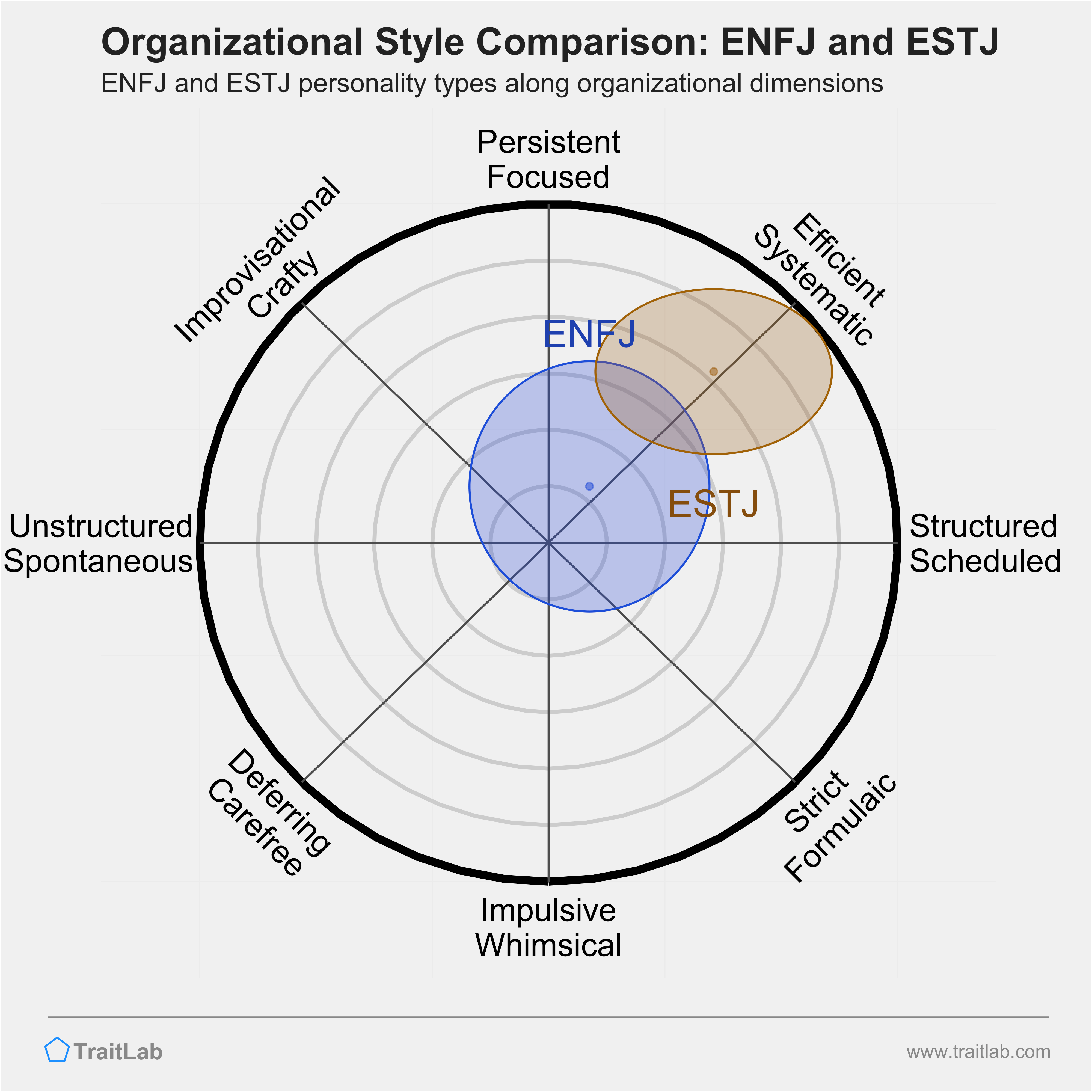 ENFJ and ESTJ comparison across organizational dimensions