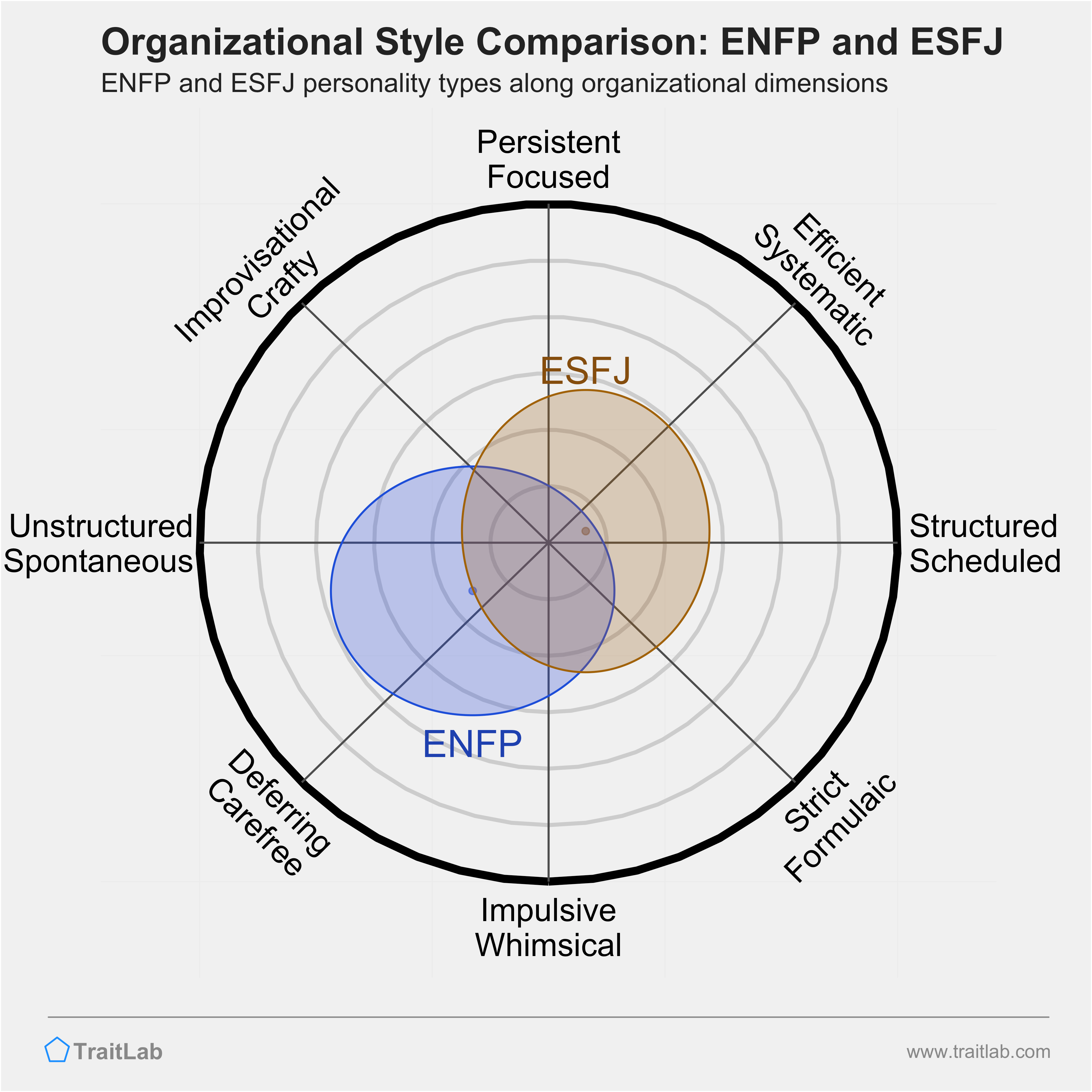 ENFP and ESFJ comparison across organizational dimensions