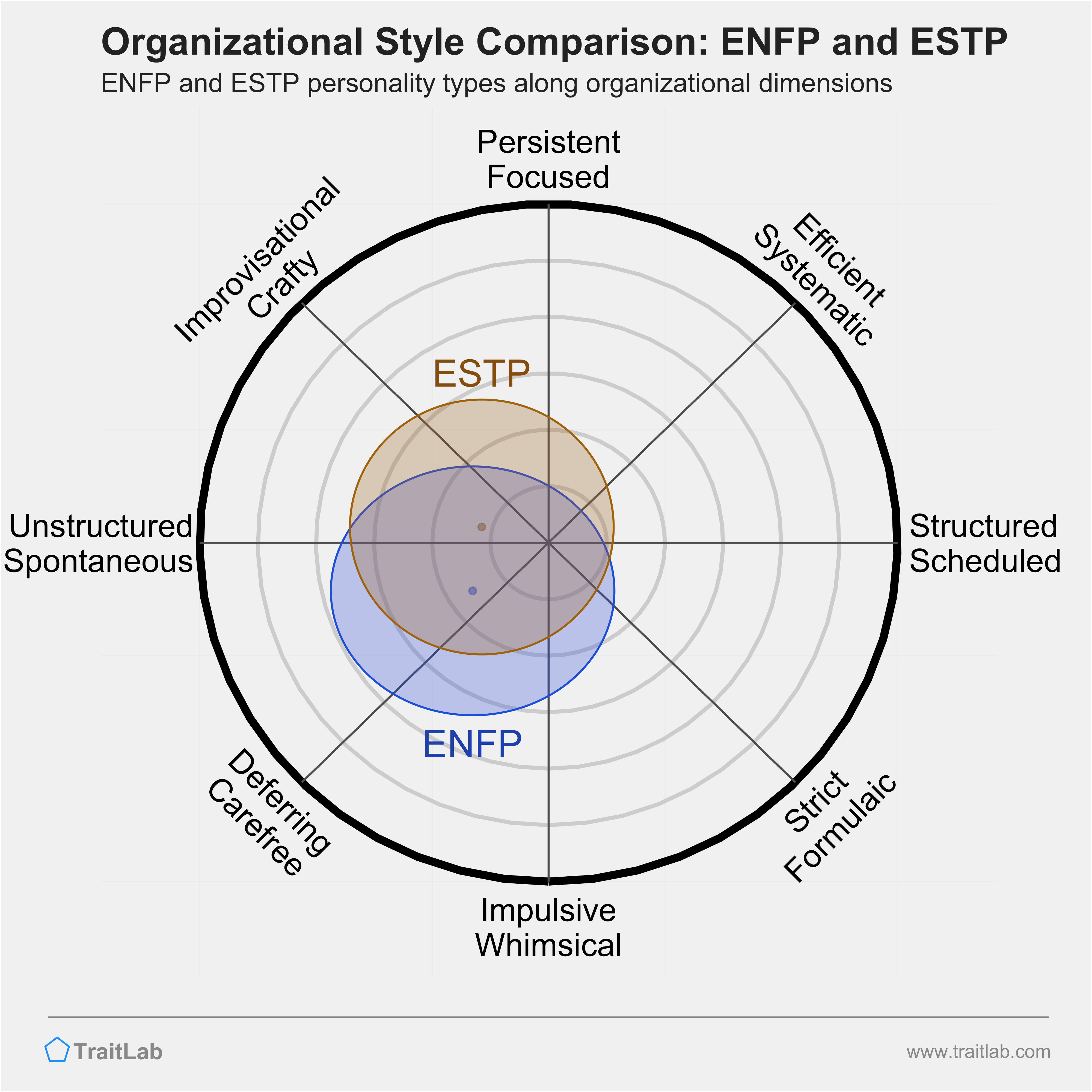 ENFP and ESTP comparison across organizational dimensions