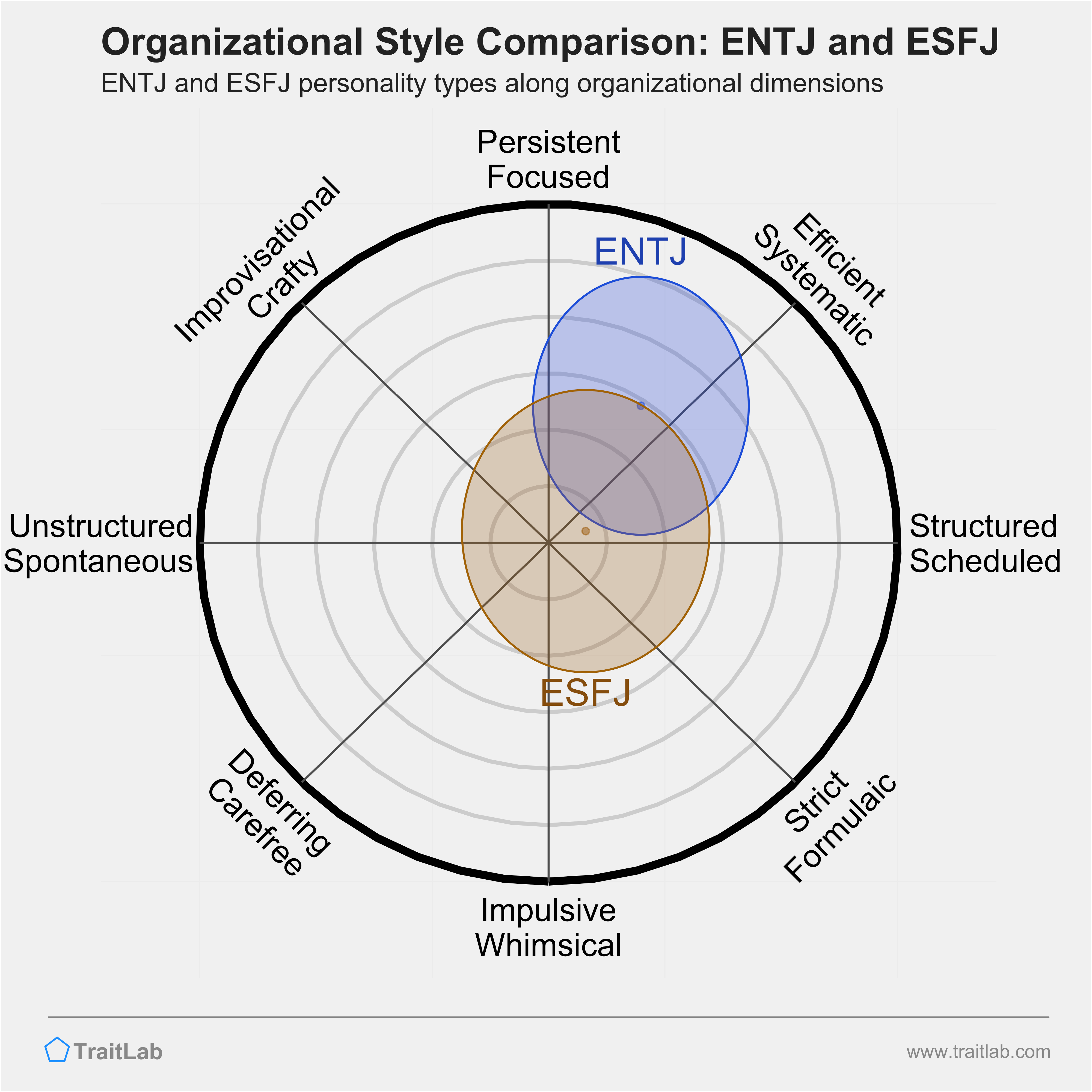 ENTJ and ESFJ comparison across organizational dimensions