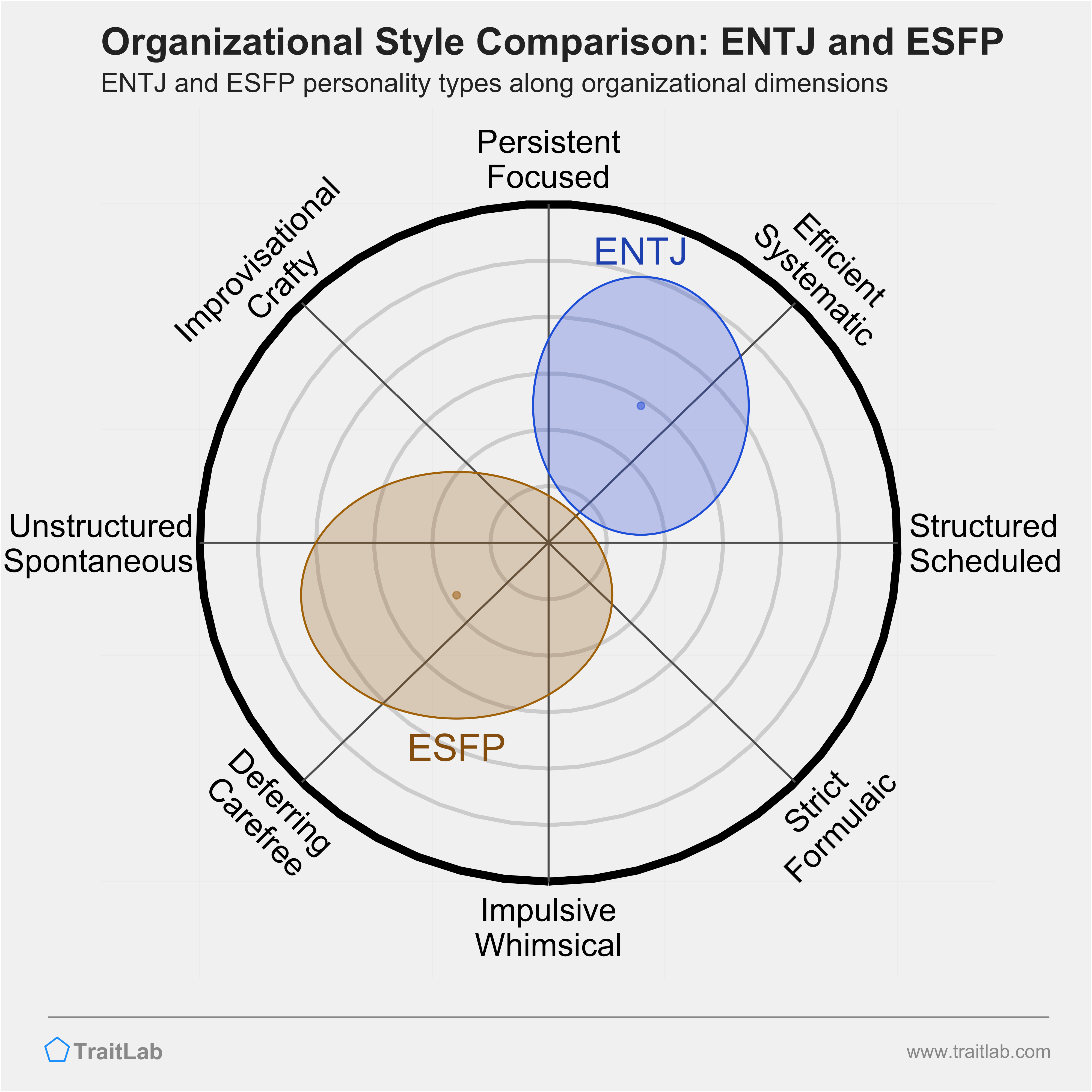 ENTJ and ESFP comparison across organizational dimensions