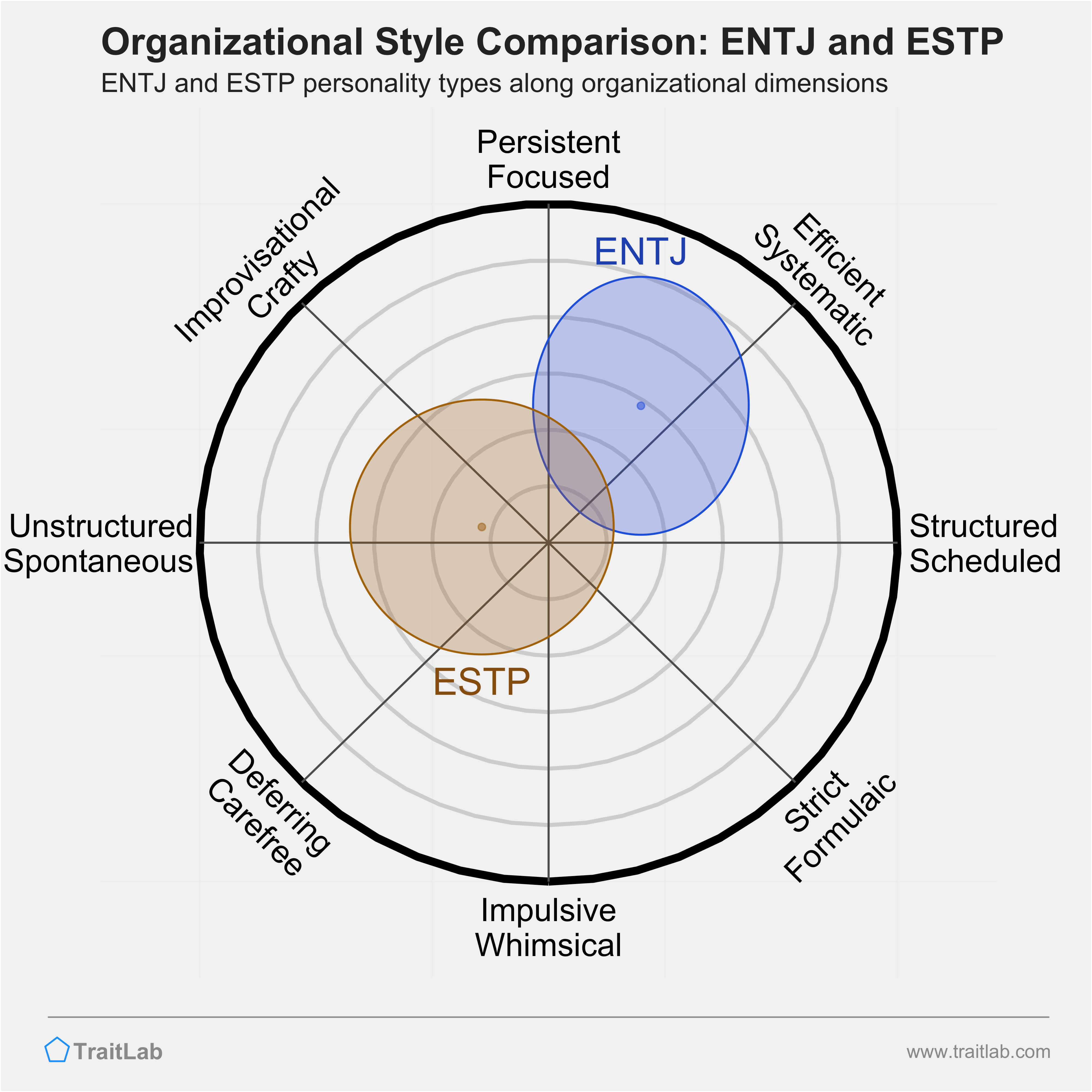 ENTJ and ESTP comparison across organizational dimensions