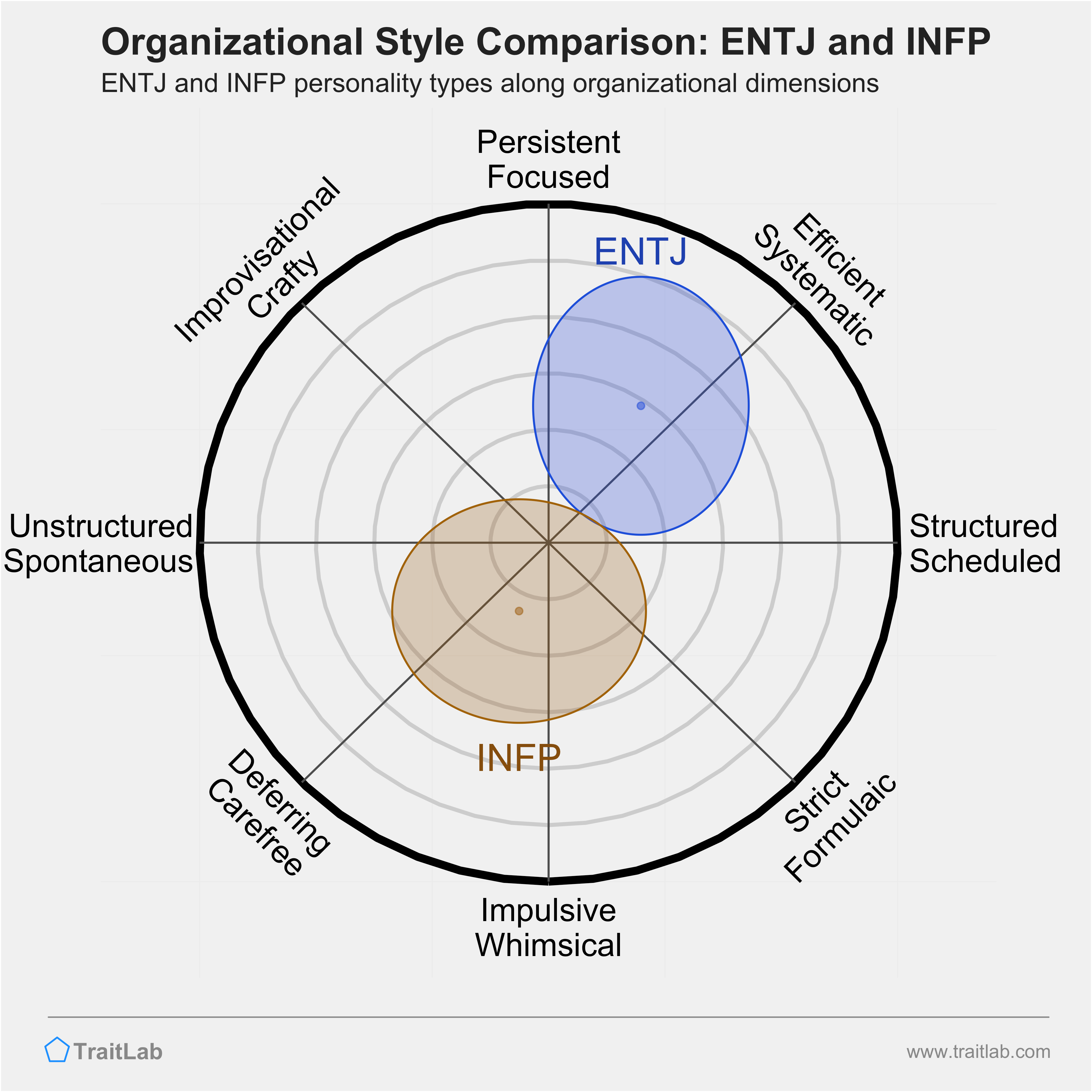 ENTJ and INFP comparison across organizational dimensions