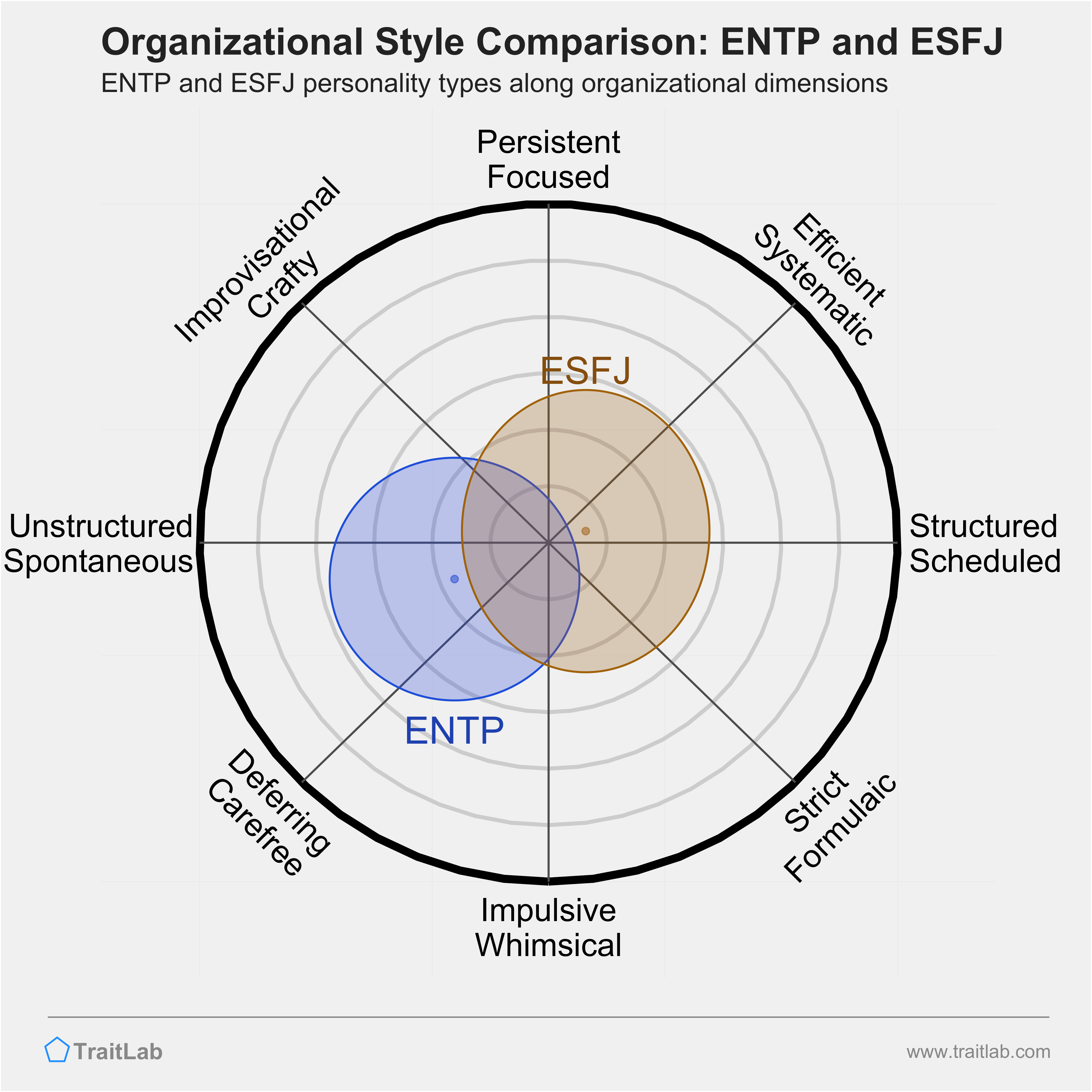 ENTP and ESFJ comparison across organizational dimensions