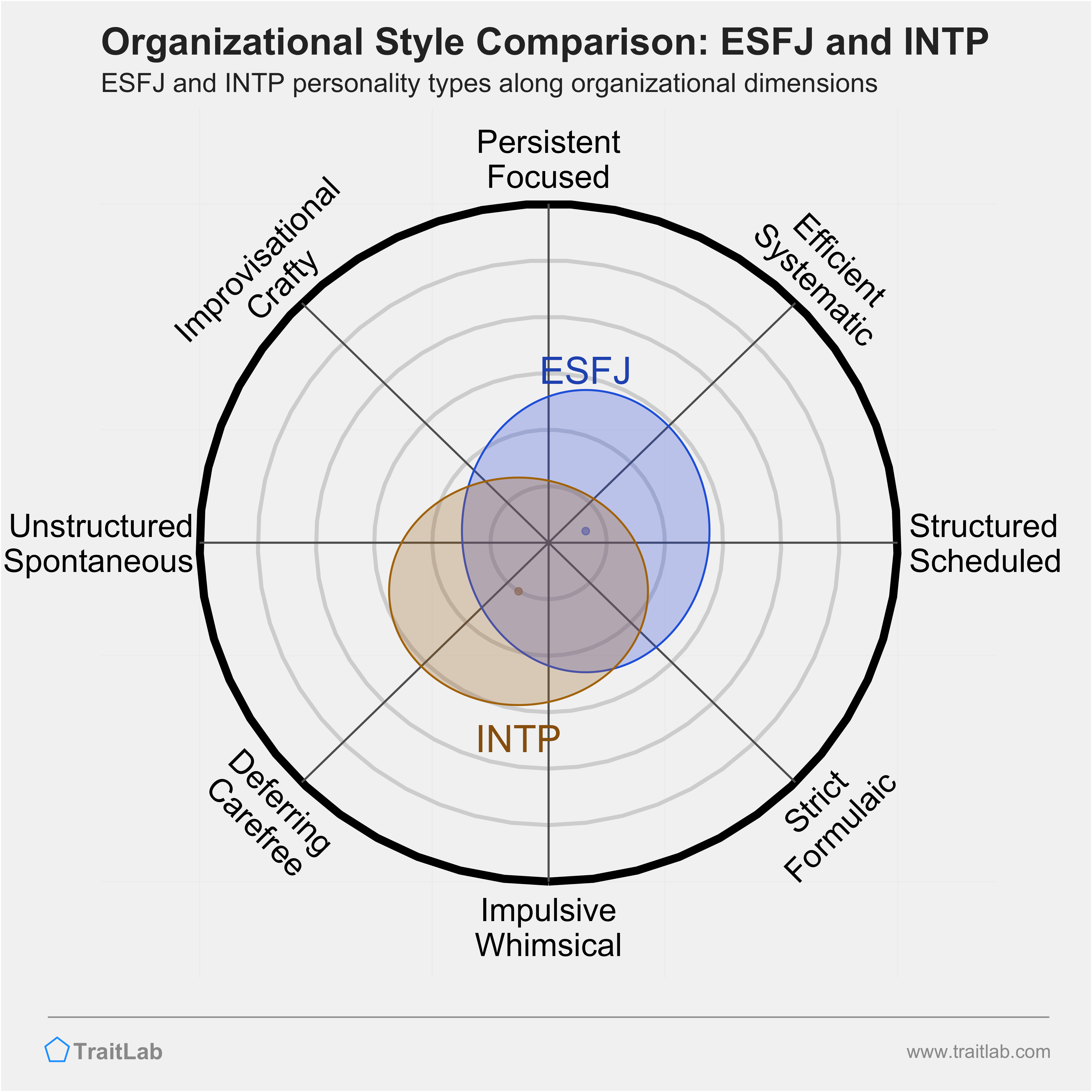 ESFJ and INTP comparison across organizational dimensions
