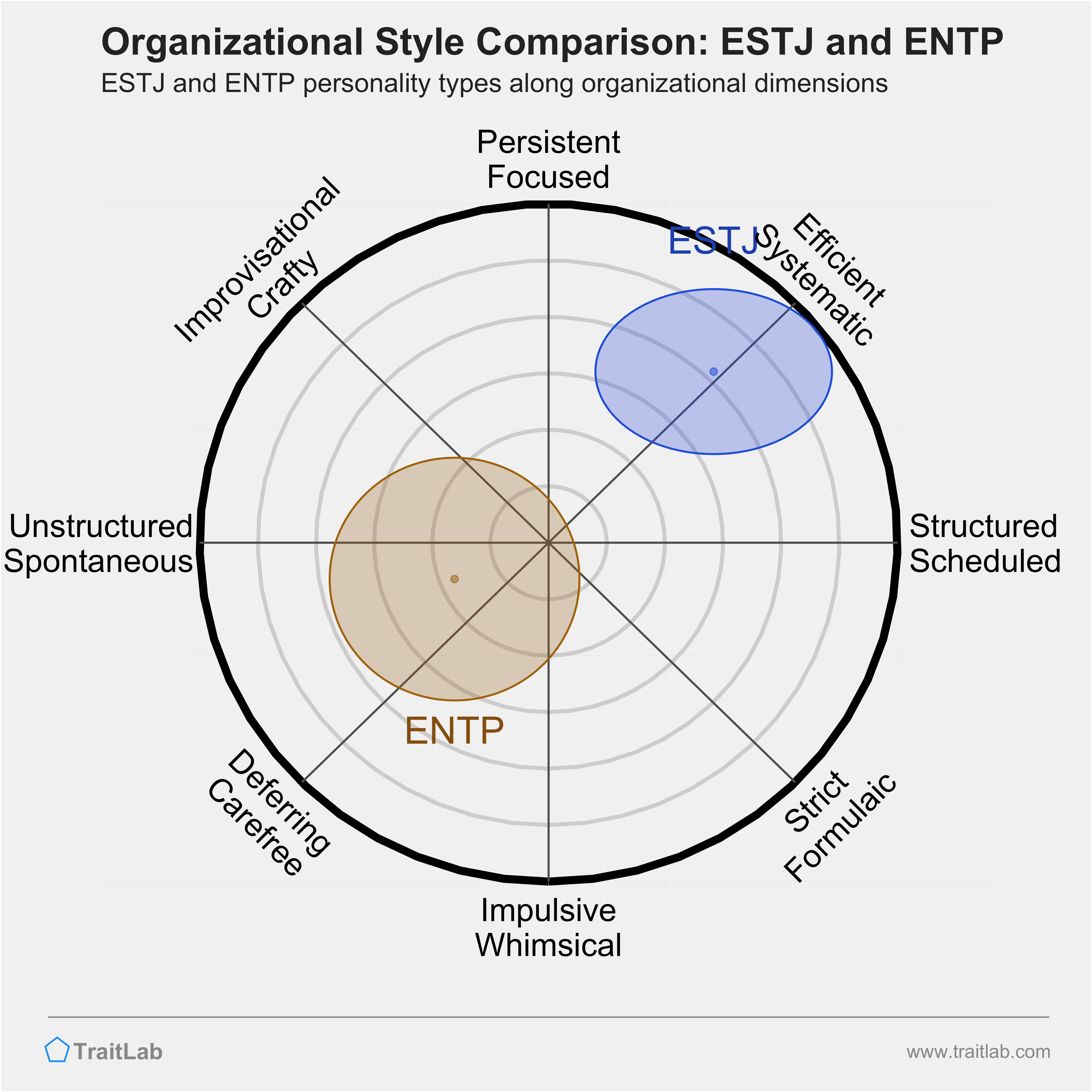 ESTJ and ENTP comparison across organizational dimensions