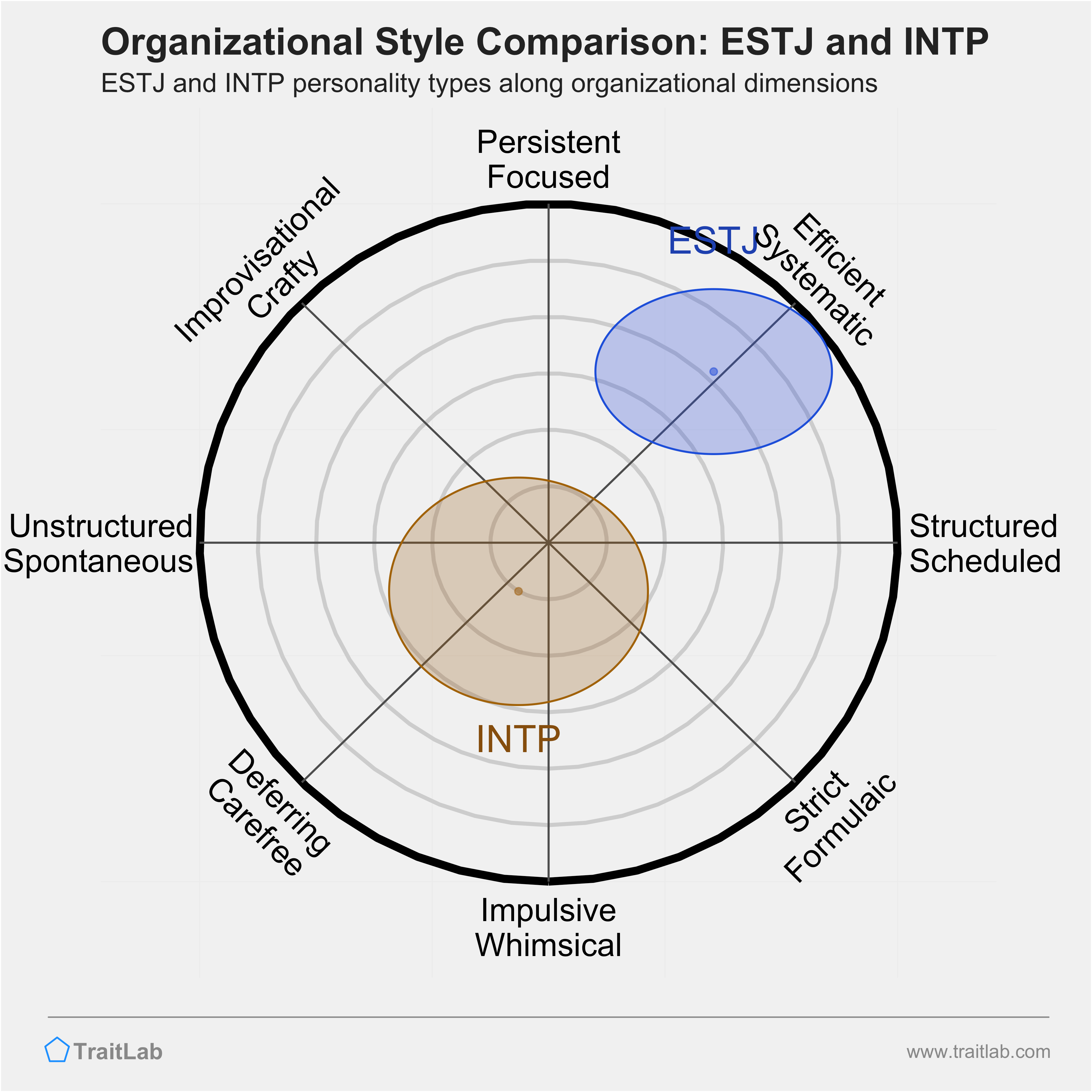 ESTJ and INTP comparison across organizational dimensions