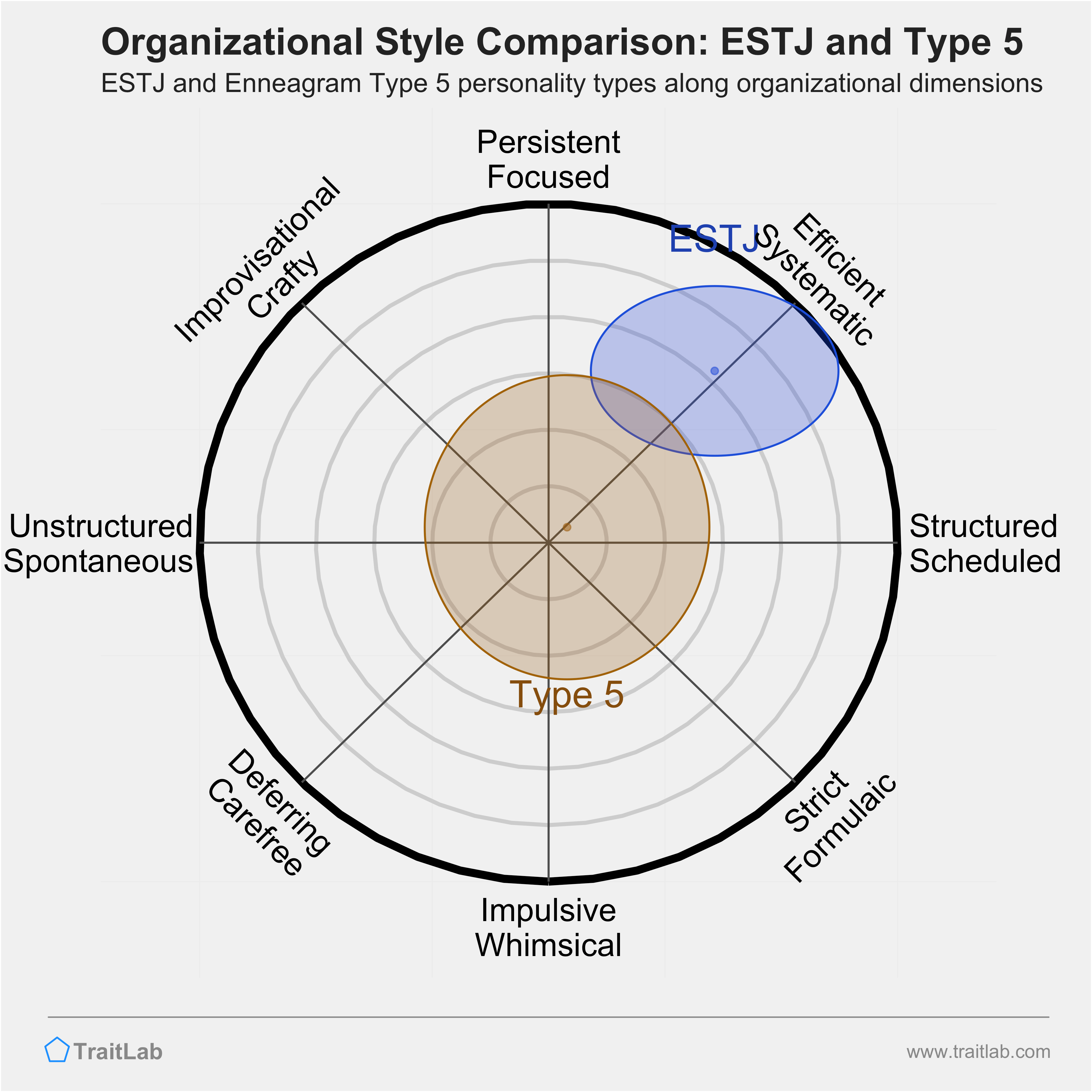 ESTJ and Type 5 comparison across organizational dimensions