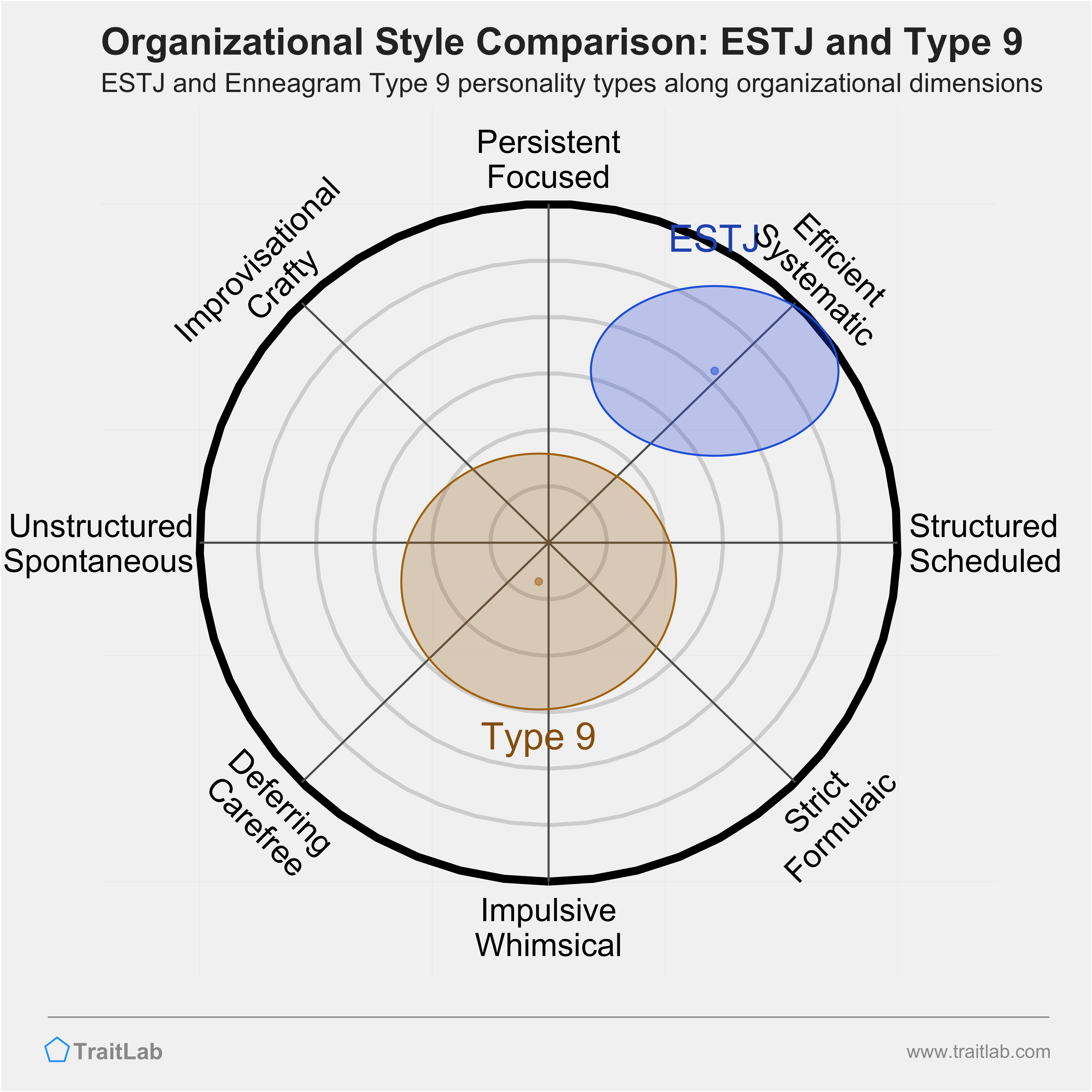 ESTJ and Type 9 comparison across organizational dimensions