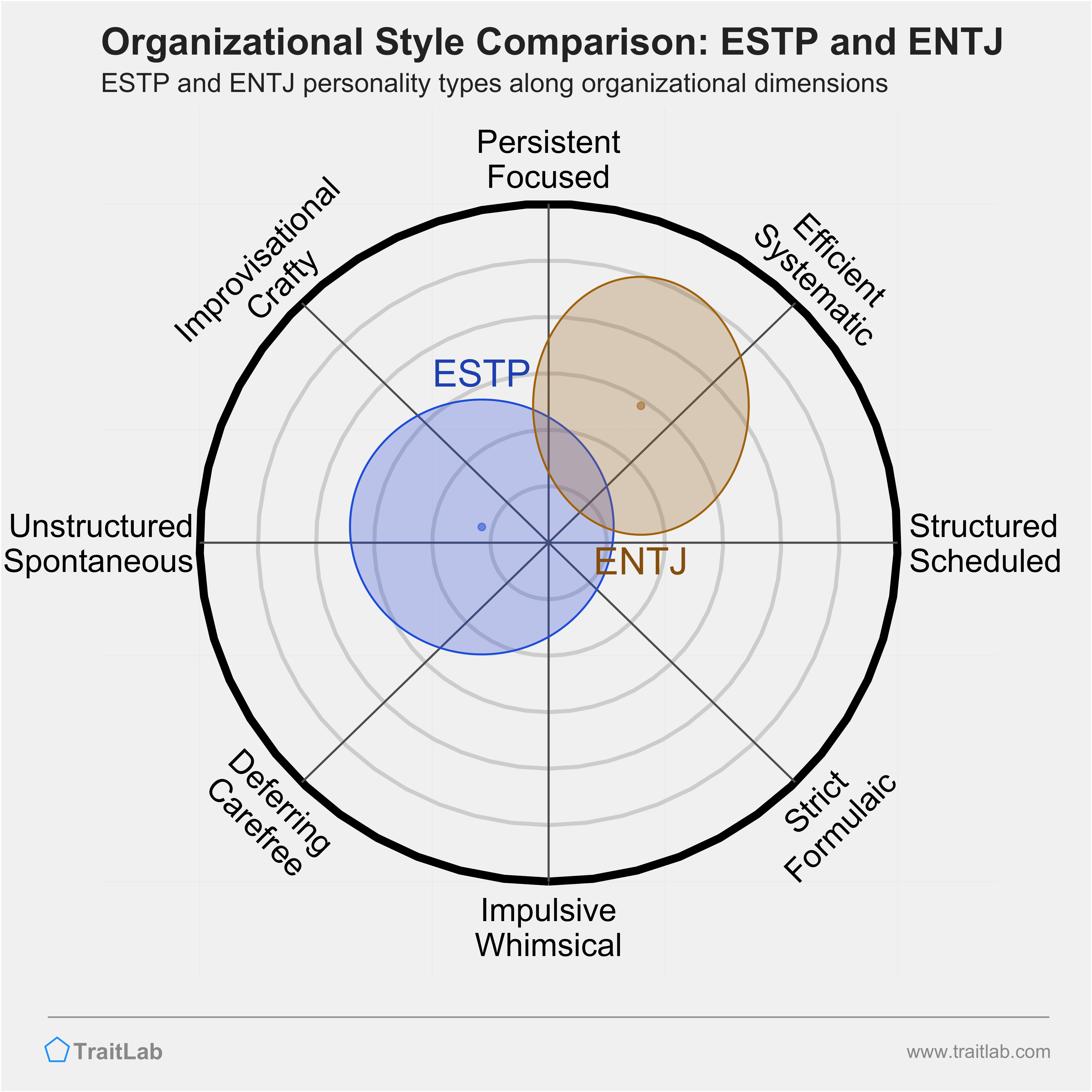 ESTP and ENTJ comparison across organizational dimensions