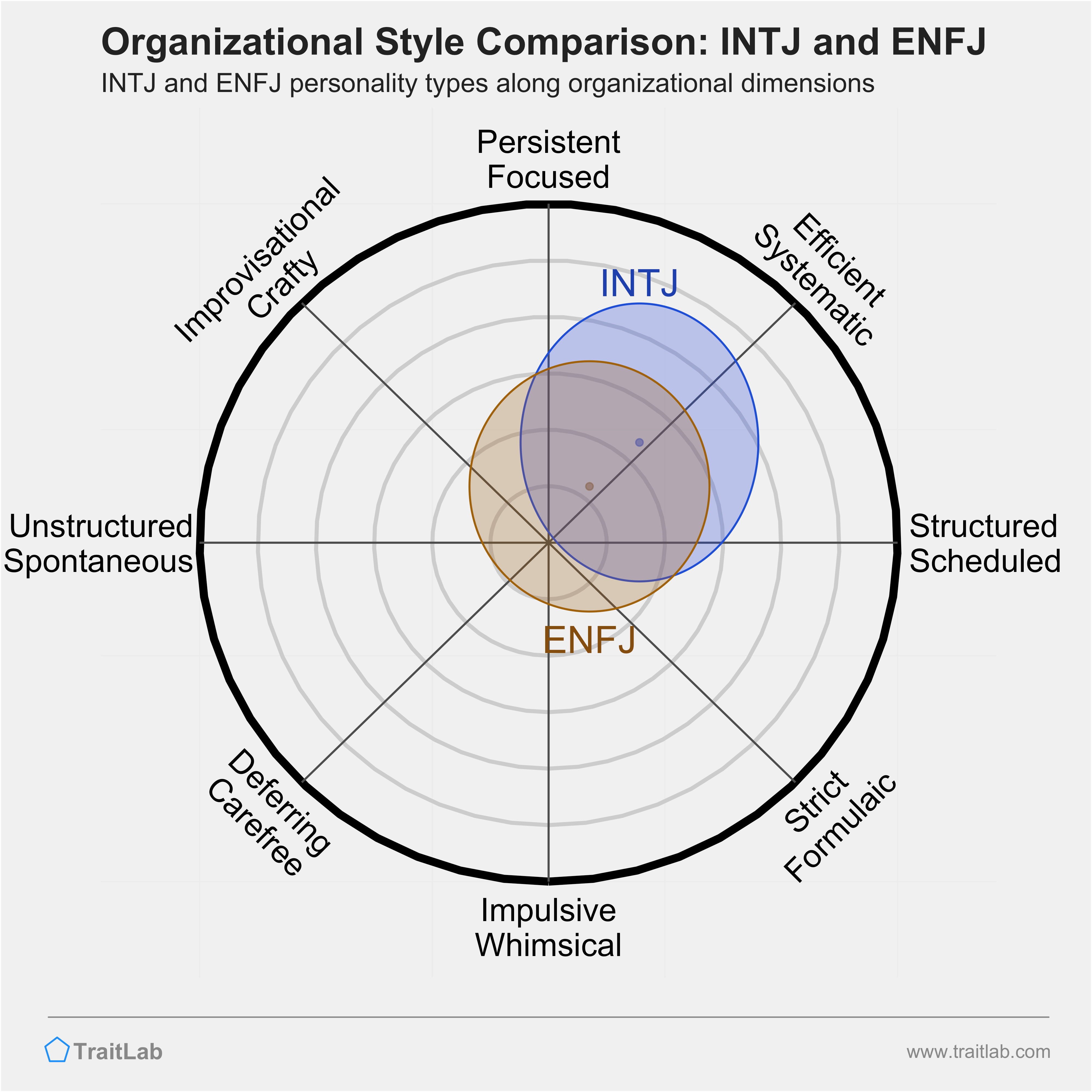 INTJ and ENFJ comparison across organizational dimensions