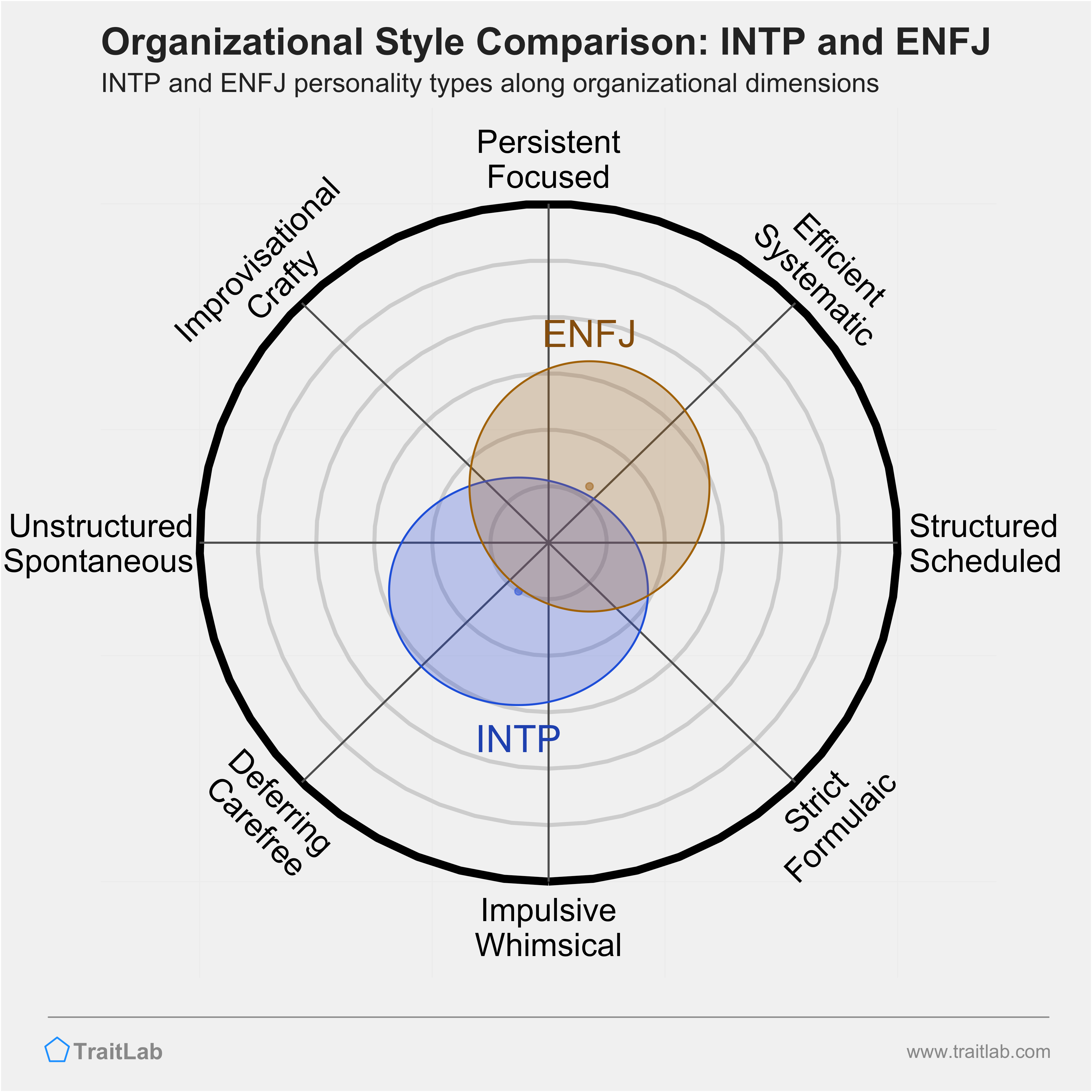 INTP and ENFJ comparison across organizational dimensions