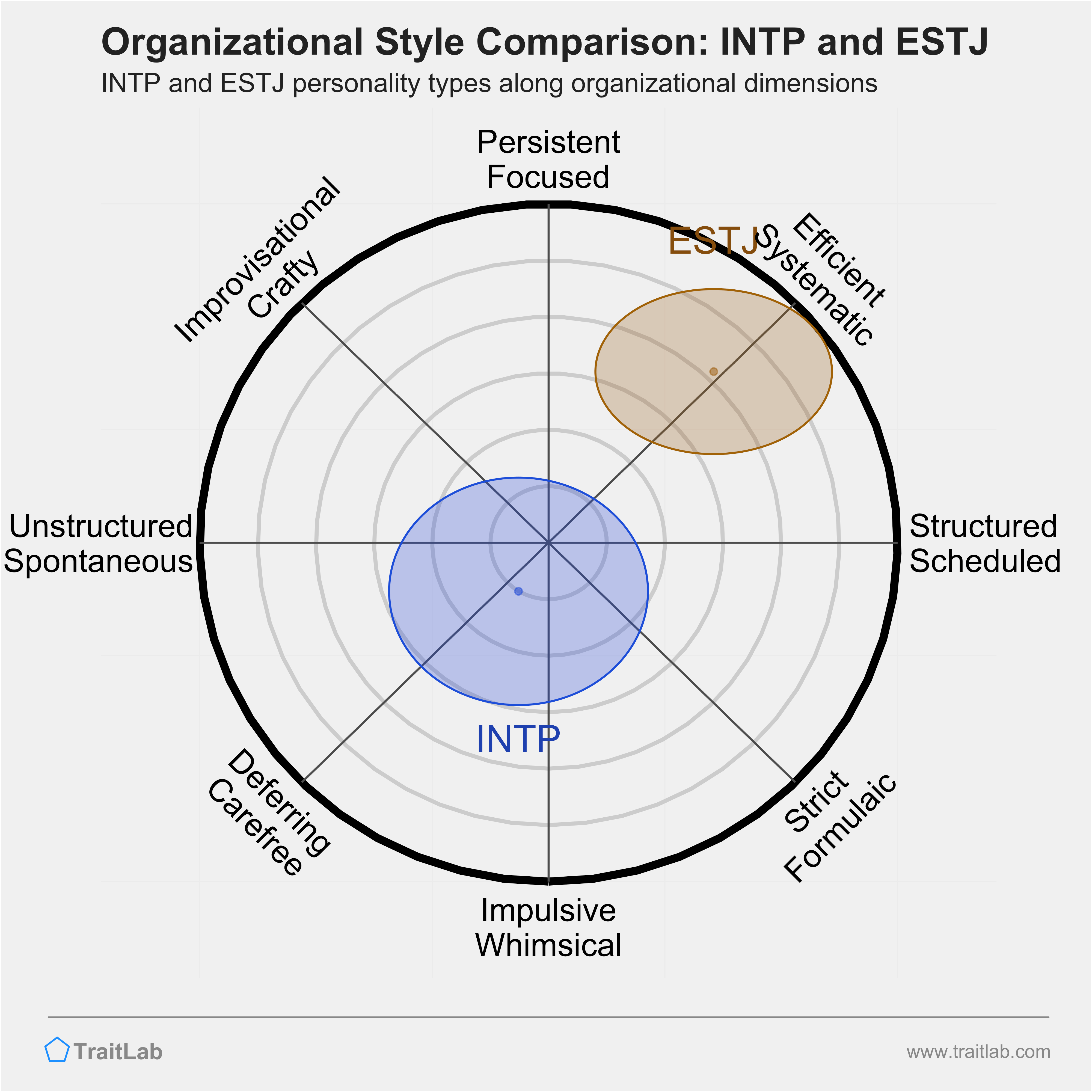 INTP and ESTJ comparison across organizational dimensions