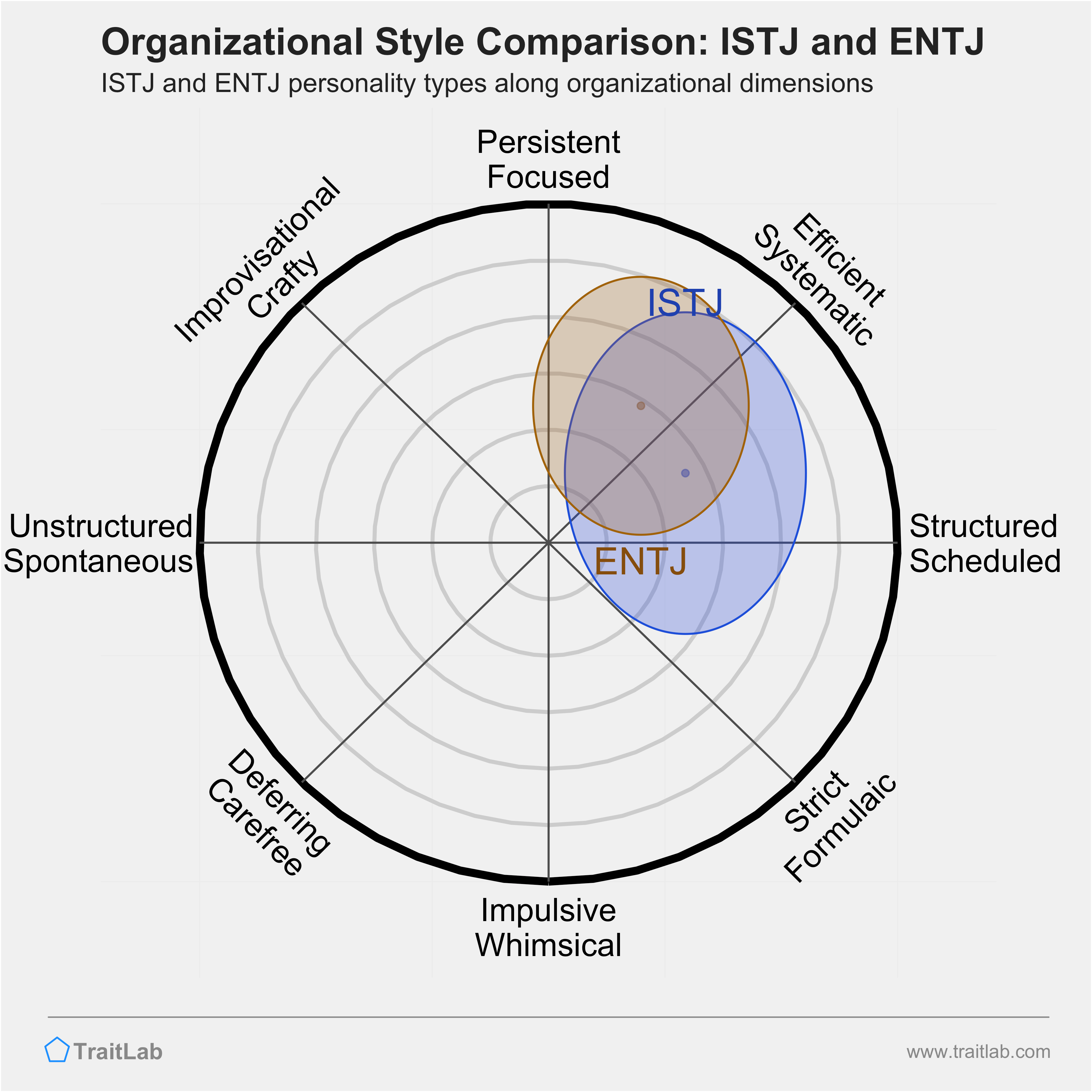 ISTJ and ENTJ comparison across organizational dimensions